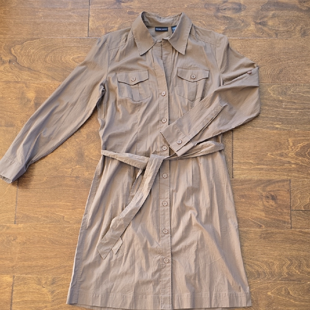 New York & Company Taupe Long Sleeve Shirt Dress